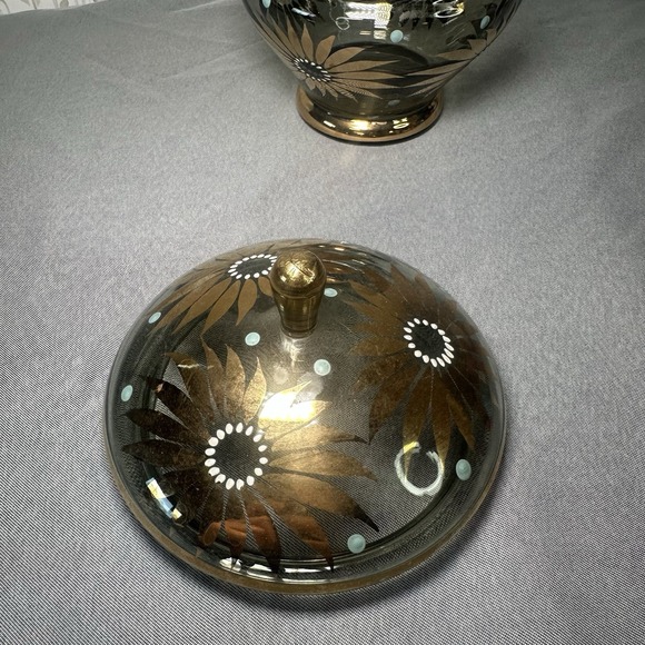 Vintage Bohemian Czech Iridescent Glass Covered Candy Dish Gold Flowers - Picture 3 of 7